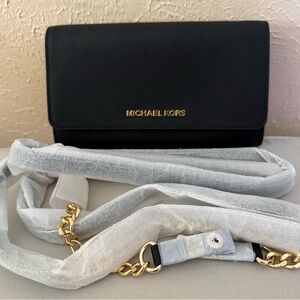 Michael Kors Jet Set Black Pebble Grain Leather Organizer Flap Snap crossbody